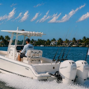 Op de afbeelding: Een witte motorboot met een persoon aan het roer, varend op blauw water. De boot heeft een witte luifel, hengels en twee Mercury 300 motoren. Een Mercury-vlag wappert onder een blauwe hemel met wolken.