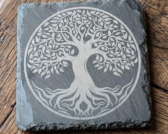 Engraved Tree of Life Slate Coaster – Norse Yggdrasil Altar Decor, Viking Housewarming Gift