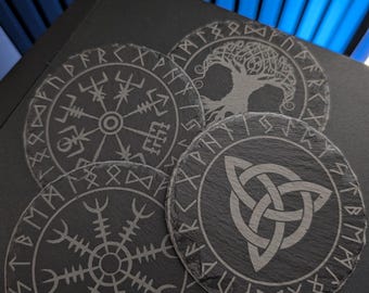 Nordic Symbol Slate Coaster Set of 4 – Viking Compass, Helm of Awe, Yggdrasil & Triquetra