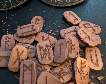 Handcarved Elder Futhark Walnut Rune Set & Engraved Vegvísir Wooden Box