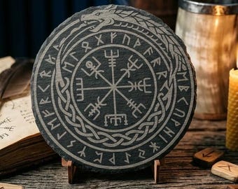 Vegvísir Slate Coaster – Viking Compass & Elder Futhark Rune Circle Midgard Serpent Jörmungandr