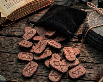 Elder Futhark Walnut Rune Set with Velvet Pouch – 24 Hand-Carved Wooden Runestones
