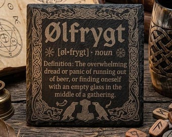 Viking Beer Coaster | Ølfrygt Funny Definition, Norse Knotwork, Mjolnir Ravens (Handmade)