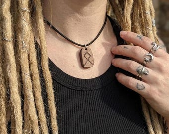 Custom Rune Necklace Walnut Wood - Elder Futhark Pendant - Viking Talisman Leather Cord