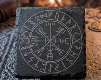 Viking Compass Slate Coaster – Engraved Rune Stone for Norse Mythology