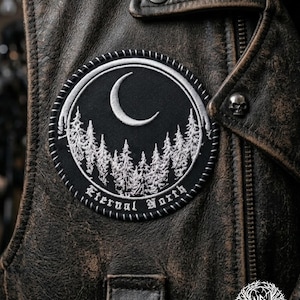 Crescent Moon Patch, Black Metal Gothic Embroidered Design on Heavy Black Fabric