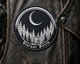 Crescent Moon Patch, Black Metal Gothic Embroidered Design on Heavy Black Fabric