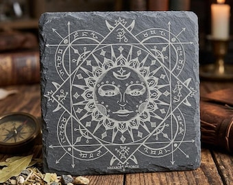 Sun Face Slate Coaster – Celestial Engraving, Occult Symbols, Astrology Decor