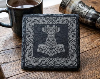 Thor's Hammer Mjölnir Slate Coaster with Celtic Dragon Border