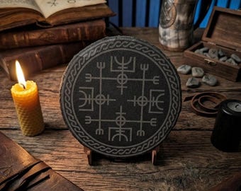 Vegvísir Variant Slate Coaster – Icelandic Wayfinder & Viking Protection Rune