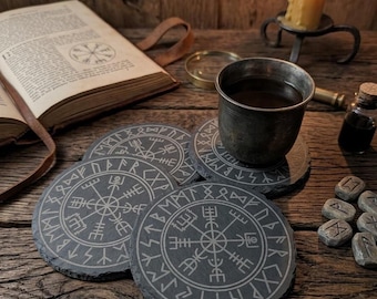Vegvisir Coasters Set of 4, Laser-Engraved slate Viking Compass