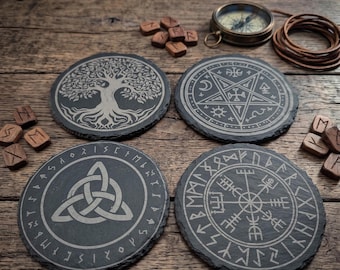 Norse Celtic Slate Coaster Set – Yggdrasil, Vegvisir, Triquetra, Pentacle Designs