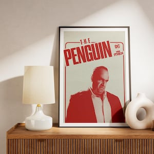 Puede incluir: Un póster para la serie de televisión "The Penguin" con un hombre en traje con el título de la serie en rojo y el logotipo de DC y el logotipo de HBO Max.