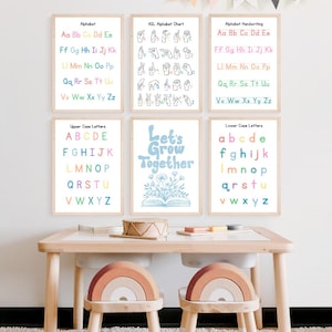 Educational ABC & ASL Alphabet Chart Posters, Montessori Homeschool Decor, Toddler Playroom Printable, Set of 6 Digital Wall Art, Learning