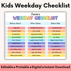 Daily Checklist for Kids | Printable Chore Chart | Track Before School, After School, and Bedtime Responsibilities | Editable Daily Chart