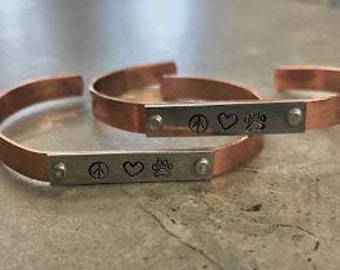 Peace, Love and Dogs - Copper Hand Stamped Cuff