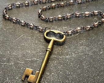 The Laurie Necklace - Glass Bead and Metal Key Skeleton Necklace