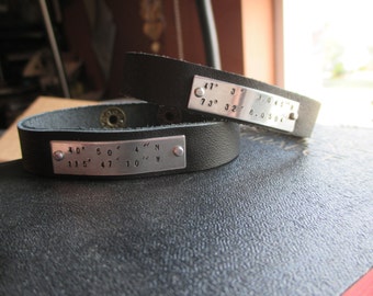 The Charles Cuff - Custom Coordinates Hand Stamped Leather Cuff Bracelet