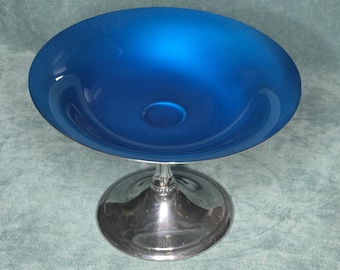 Vintage Reed & Barton Silver Plate Compote, Blue and Teal, Enamel Interior.