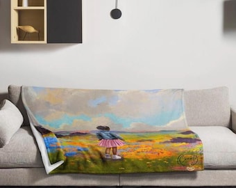 Floral Field Throw Blanket – Girl in Nature Art, Soft Cozy Decor