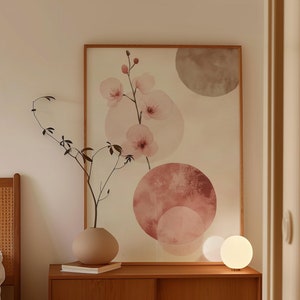 Impression de fleurs de cerisier du Japon, art abstrait Japandi rose, décoration de chambre à coucher scandinave botanique, imprimés floraux circulaires, fleurs géométriques