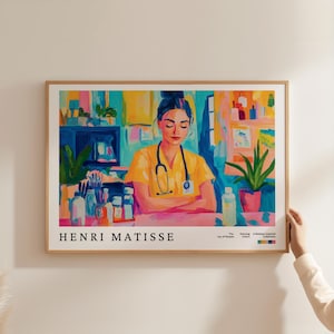 Affiche d'infirmière inspirée de Matisse, art moderne professionnel de la santé, affiches éclectiques d'étudiants en soins infirmiers, impression de bureau de santé de clinique d'hôpital