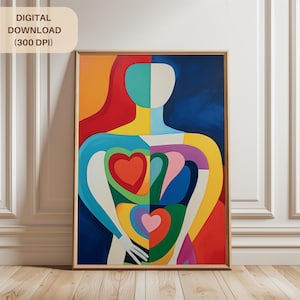 K&ouml;nnte beinhalten: Abstrakter Kunstdruck mit einer farbenfrohen menschlichen Figur mit einem gro&szlig;en Herzen in der Mitte. Die Figur besteht aus geometrischen Formen in Rot-, Gelb-, Blau-, Gr&uuml;n- und Violettt&ouml;nen.