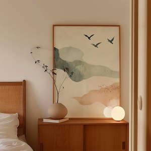 Watercolor Japandi Landscape Art, Abstract Cloud Flying Bird Print, Minimalist Clouds Japanese Prints, Earth Tones Poster, Nature Posters