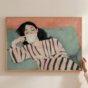 Nordic Style Women Poster, Cozy Coffee Wall Print, Aesthetic Female Portrait, Girl With Tea Cup Art, Chic Woman Contemporary Pastel Painting