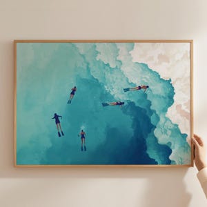 Winzige Taucher Kunst, Menschen Schwimmen Strand Druck, Schwimmen Tauchen Sommer Poster, Abstrakte Meereswellen Drucke, Tiefblaue Meer Wasser Poster