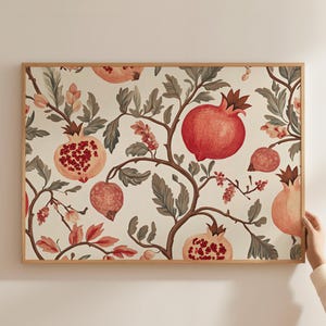 William Morris Pomegranate Print, Vintage Pomegranates Art, Botanical Fruit Poster, Cottagecore Textile Kitchen Posters, Red Fruits Prints