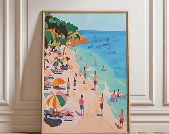 Crowded Beach Matisse Retro Art, Colorful Beachy Summer Prints, Tiny People Swimming Poster, Vintage Coastal Print, Ocean Scenery Posters