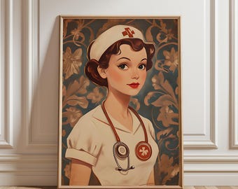 ヴィンテージの女性看護師ポスター、レトロな医療看護プリント、医療聴診器アート、病院オフィスの壁ポスター、医療従事者の部屋のプリント