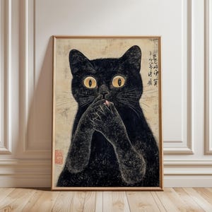 Lustiges Lecken Schwarze Katze Druck, Japanische Katzen Vintage Holzschnitte, Ukiyoe Tier Japandi Kunst Poster, Katzenliebhaber Kunstwerk Über dem Bett Dekor