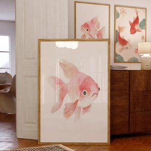 Japanese Ryukin Goldfish Wall Art, Watercolor Red Fish Print, Fish Lover Nursery Decor, Gold Fish Painting Poster, Aquascape Aquarium Prints