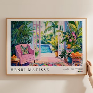 Eclectic Matisse Swimming Pool Art, Tropical Summer Poolside Poster, Vibrant Botanical House Plant Painting, Colorful Houseplant Wall Print