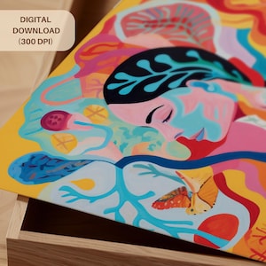 May include: A colorful digital download art print featuring a woman's face in profile, with closed eyes, surrounded by abstract shapes and a butterfly. The artwork is predominantly yellow, pink, blue, and orange. Text in the upper left corner reads "DIGITAL DOWNLOAD (300 DPI)".