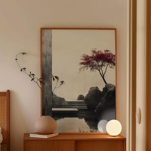 Arte japonés de sala de masajes moderna, impresión de paisaje sereno y tranquilo japonés, obra de arte de spa relajante para meditación, póster de árbol rojo, pósteres de estanque de jardín