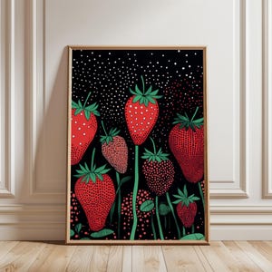 Strawberry Fruit Market Print, Colorful Strawberries Art, Vibrant Red Japandi Posters, Berry Illustration Poster, Fruit Artwork Paintings