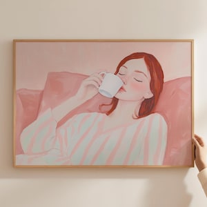 Redhead Woman Portrait Painting, Red Hair Poster, Resting Women In Couch Art, Cozy Coffee Cup Wall Print, Sipping Tea Downloadable Posters