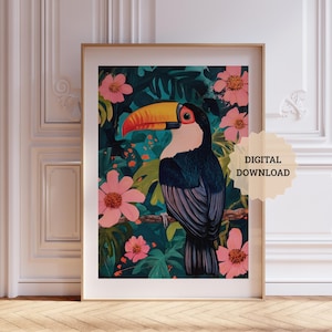 Tukan Vogel Wandbild, Tropische Tiere Kinderzimmer Gemälde, Vögel Poster für Kinderzimmer, druckbare Dschungeltiere Poster, Waldblumendruck