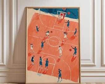 Grafika ścienna z meczem koszykówki, wydruk z abstrakcyjnym widokiem na koszykówkę, minimalistyczne plakaty sportowe dla mężczyzn, plakat sportowy dla mężczyzn, męskie wydruki artystyczne do pokoju