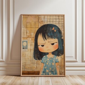Impresión japonesa vintage moderna, arte pop melancólico, póster de niño interior, impresiones de ilustraciones emocionales, pintura de niña pequeña, pósteres retro para niños