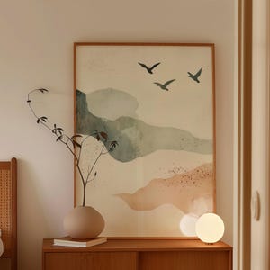 Aquarell Japandi Landschaftskunst, Abstrakte Wolke Fliegender Vogel Druck, Minimalistische Wolken Japanische Drucke, Erdtöne Poster, Natur Poster
