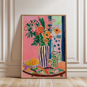 Jarrón vintage, estampado floral retro colorido, póster de flores abstractas de Matisse, pintura vibrante francesa, bodegones modernos