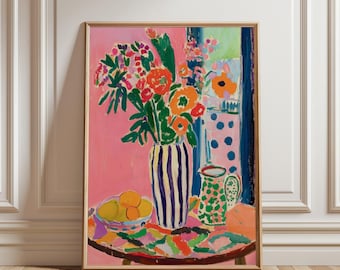 Vintage Flower Vase Artwork, Retro Colorful Floral Print, Matisse Abstract Flowers Poster, French Vibrant Painting, Modern Still Life Prints