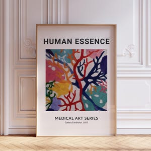 May include: A framed art print displaying the words "HUMAN ESSENCE". The artwork showcases vibrant, abstract shapes in red, blue, yellow, and green. The text "MEDICAL ART SERIES" and "Gallery Exhibition, 1897" are at the bottom.