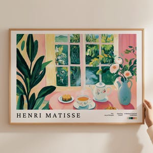Arte mural de cocina en tonos pastel, póster con vista de ventana con desayuno, cuadro floral de tetera y taza de té, impresión gastronómica con escena matutina, pósteres gastronómicos de Matisse