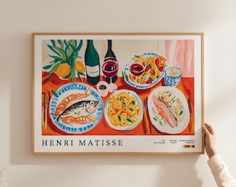Matisse Cozy Pasta Print, Mediterranean Dining Wall Art, Colorful Italian Dinner Poster, Wine and Seafood Prints, European Food Painting