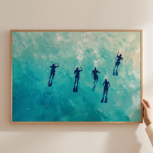 Arte minimalista de buceo, póster de buceador nadando en el océano, impresión de mar azul profundo, pósteres de deportes costeros para nadadores, impresiones de deportes acuáticos de playa